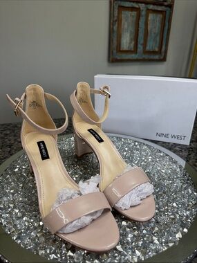 Nine West Pruce Ankle Strap Nude Patent Block Heel Sandals
